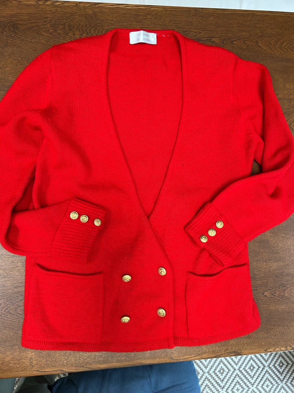 1970s Vntg Red Double-Breasted Women's Cardigan Sweater. Gold buttons.
